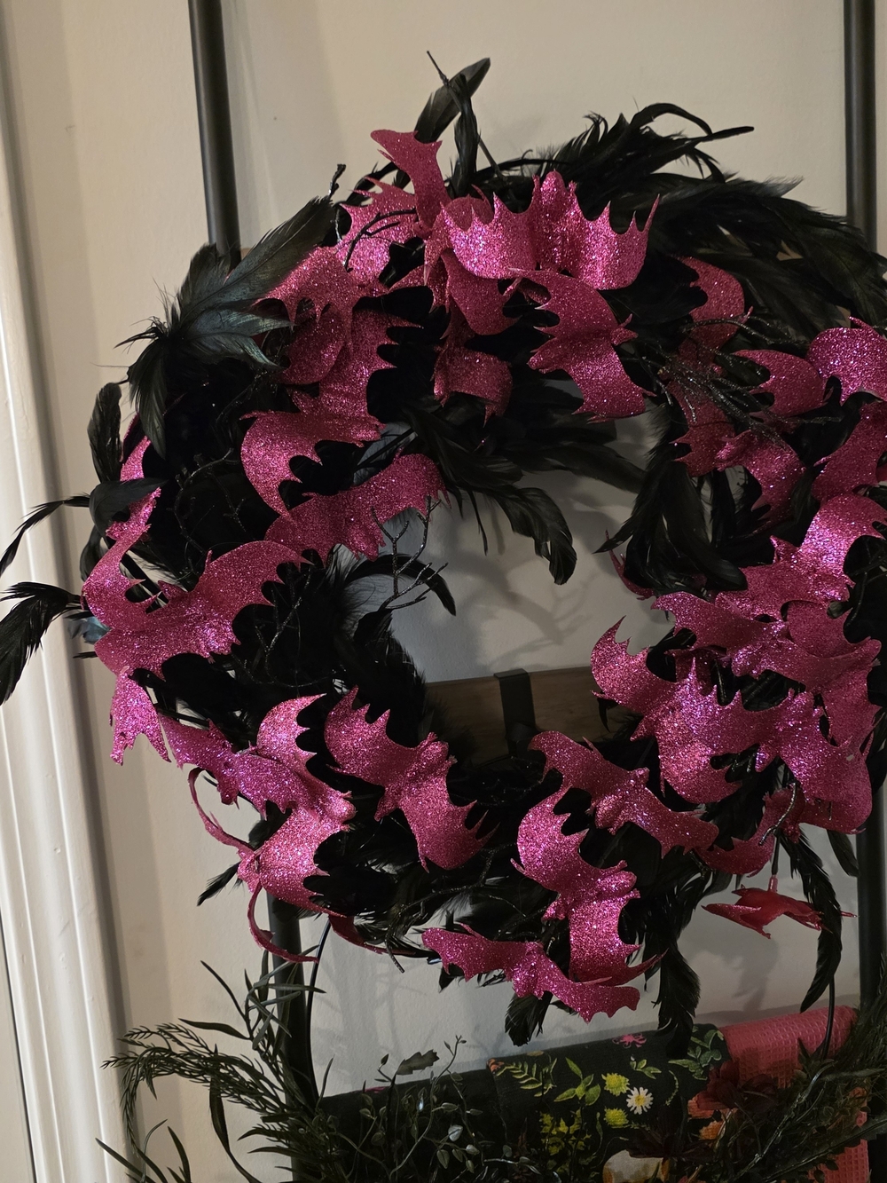 Pink and Black Feather Bat Wreath - Women Accessories